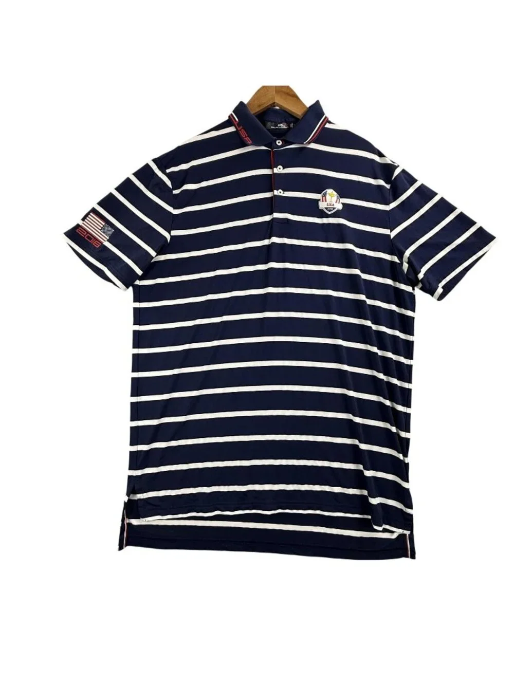 RLX Ralph Lauren USA Shirt Men Large Blue Striped Golf Wicking Performance Polo